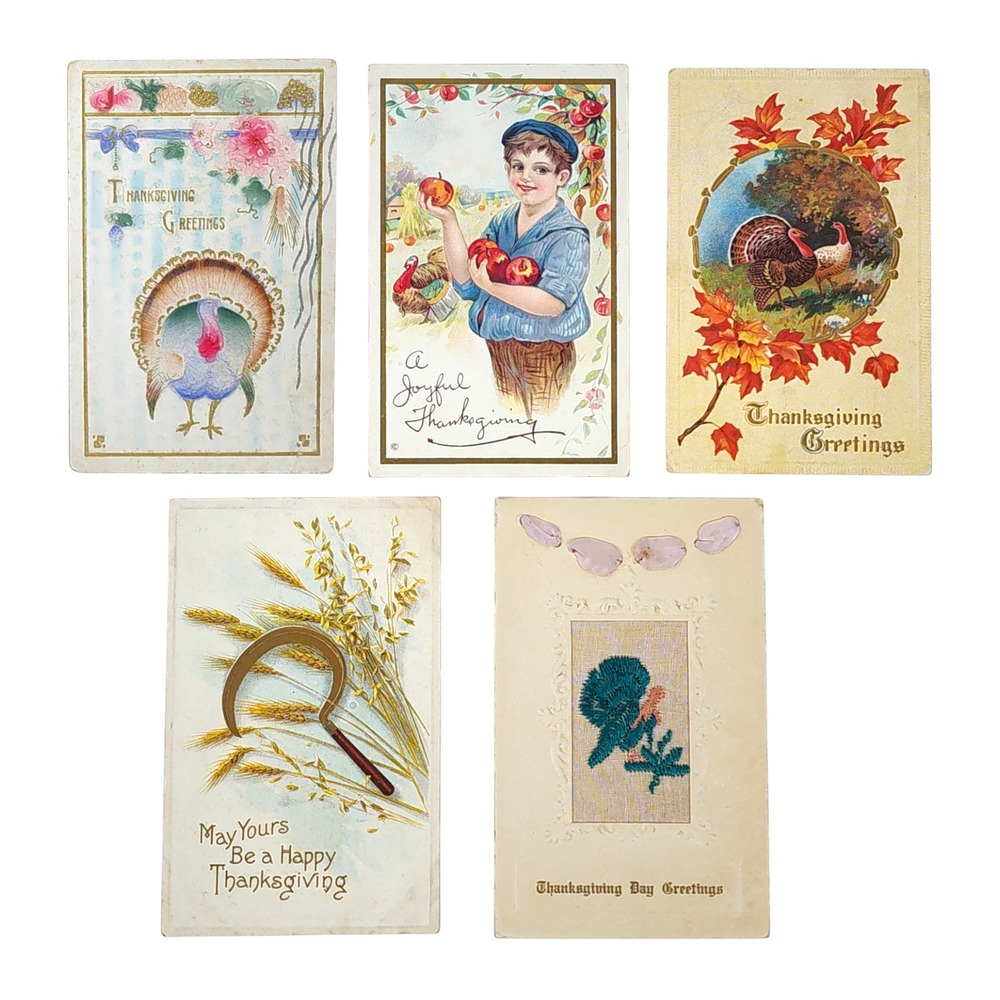 Lot of 5 Thanksgiving Collectible Postcards Turkey Floral Cereal Boy Vintage